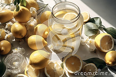 Jar with lemonade with lemons. Generative AI Cartoon Illustration