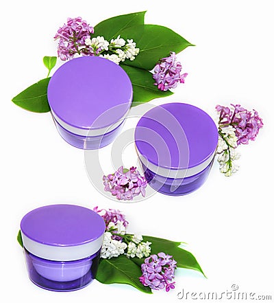 jar natural cream sprig fresh bloom white and purple lilac perspective, fresh delicate flowers and petals for cosmetic set Stock Photo