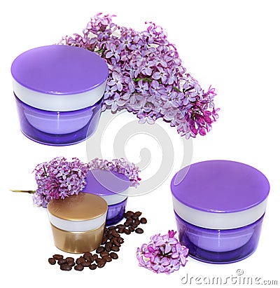 jar natural cream sprig fresh bloom white and purple lilac perspective, fresh delicate flowers and petals, roasted coffee beans f Stock Photo