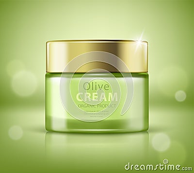 Jar of olive cream on green background . Element for modern design, advertising for sales, template cosmetic face cream, body. Cartoon Illustration