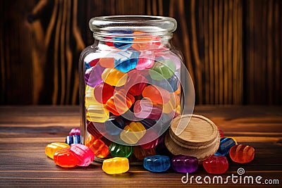 jar overflowing with bright, striped hard candies on a wooden table Stock Photo