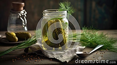A Jar Of Pickles With A Fork And Dill Sprigs. Generative AI Stock Photo