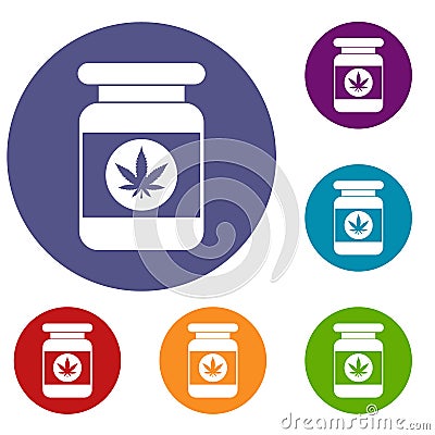 Jar of powder marijuana icons set Vector Illustration