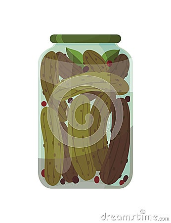 Jar preserved vegetables. Can of pickled cucumbers or pickles. Cartoon canned food in glass. Grocery conserve container Vector Illustration