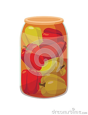 Jar preserved vegetables. Can of pickled pepper. Cartoon canned food in glass. Grocery conserve container Vector Illustration