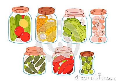 Jar preserved vegetables set. Homemade canned vegetables in glass jars. Vector illustration in doodle style Vector Illustration