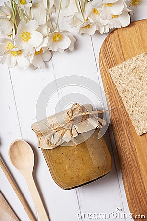 Jar with propolis honey on wooden background top view, flat lay Stock Photo