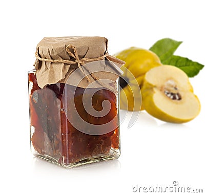 Jar of quince jam with ginger and fresh quince Stock Photo