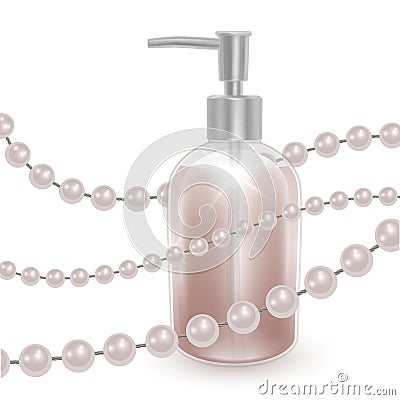 A jar of shampoo or liquid soap of pearl color, realistic shampoo bottle and strings of pearls on white background, cosmetic Vector Illustration