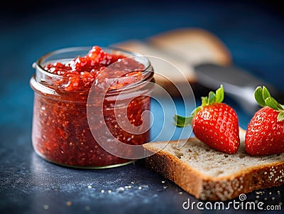 Jar of strawberry jam next to a slice of bread Stock Photo