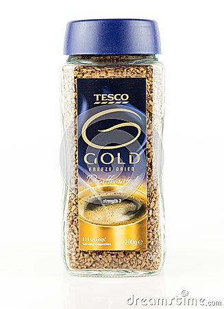 Jar of Tesco Gold freeze dried decaffeinated instant coffee. Editorial Stock Photo