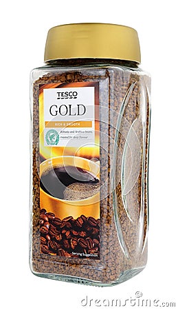 Jar of Tesco supermarket own brand gold blend instant coffee granules Editorial Stock Photo