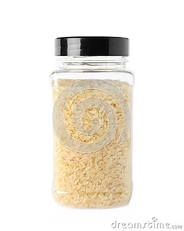 Jar with uncooked parboiled rice Stock Photo