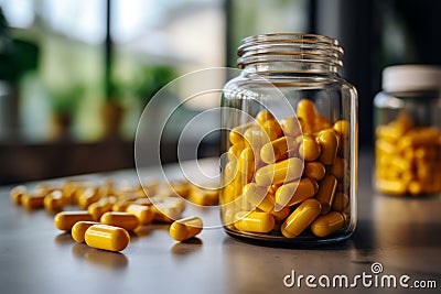 Jar with yellow vitamin pills healthy vital capsules pharmaceutical medicine omega supplement oil nutriment nutrient Stock Photo