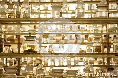 Museum shelves with specimens preserved wet in glass jars of formalin Editorial Stock Photo