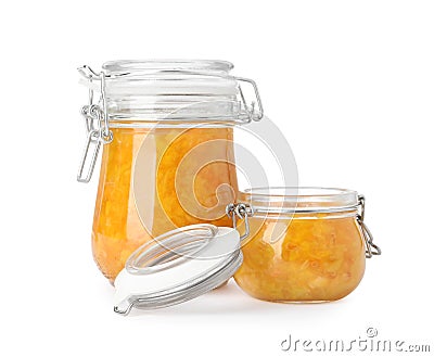 Jars of apricot jam isolated Stock Photo