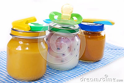 Jars with baby food Stock Photo