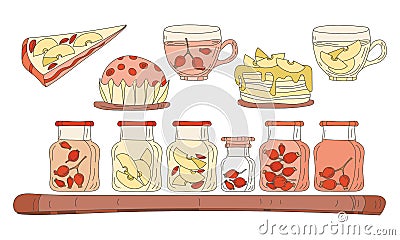 Jars with berry and apple jam, pies and cakes, herbal tea vector illustration set. Stickers collection of kitchen sweet homemade. Vector Illustration