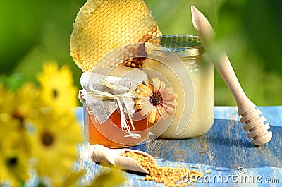 Jars full of delicious honey, honeycomb and bee pollen Stock Photo