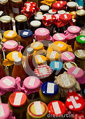 Jars of home-made preserves Stock Photo