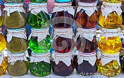 Jars of jam from various berries and fruits. Assortment of jams Stock Photo