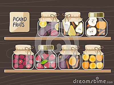 Jars preserved fruit and berries on wooden shelf. Canned food set. Pickled fruits in glass jars hand drawn doodle Stock Photo