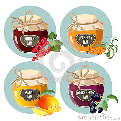 Jars with red strawberry, healthy pineapple, apple and blueberry jam Vector Illustration