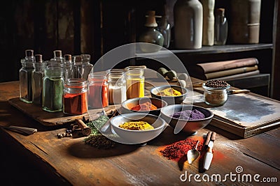 jars with spices on a wooden table. multi-colored loose substances. Stock Photo