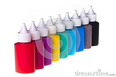 Jars stand with paint in number Stock Photo