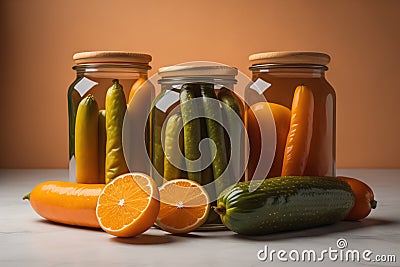 Jars with variety of pickled vegetables on table against orange background. generative ai Stock Photo