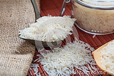 Jasmine rice in a metallic old spoon Stock Photo