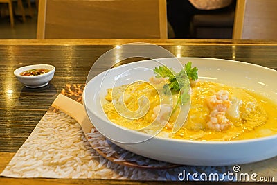 Jasmine rice on top with scramble egg and shrimp for lunch Stock Photo