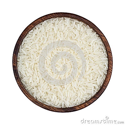 Jasmine rice in wooden bowl isolated on white background. Top view Stock Photo