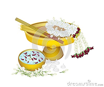 Jasmine Wreath with Water Bowl for Songkran Festival Stock Photo