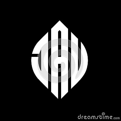 JAU circle letter logo design with circle and ellipse shape. JAU ellipse letters with typographic style. The three initials form a Vector Illustration