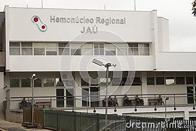 Jau / Sao Paulo / Brazil - 02 21 2020: Full frame of the entrance of `HemonÃºcleo Regional JaÃº - Amaral Carvalho Hospital Editorial Stock Photo