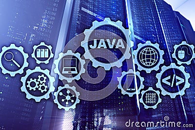 Java Programming concept. Virtual machine. On server room background. Stock Photo