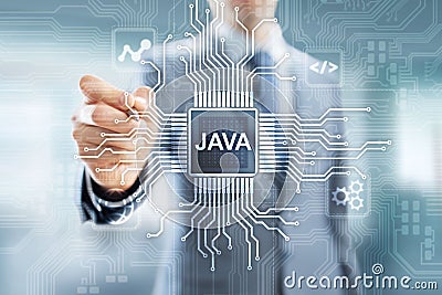 Java programming language application and web development concept on virtual screen. Stock Photo