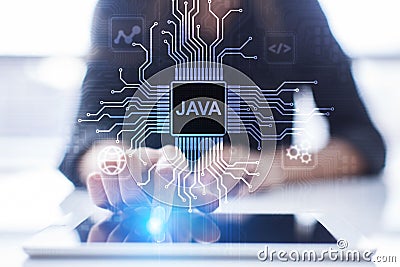 Java programming language application and web development concept on virtual screen. Stock Photo