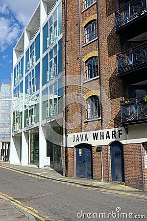 Java Wharf, old London warehouse dockside area. Editorial Stock Photo