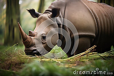 javan rhino grazing on grasses and shrubs Stock Photo