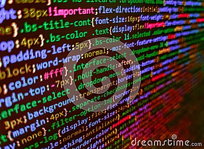 Javascript code in bracket software. IT coding on monitor screen. Javascript functions, variables, objects. Shallow Depth of Field Stock Photo