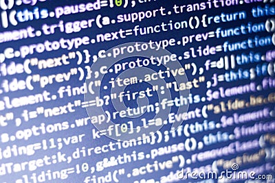 Javascript code. Computer programming source code. Abstract screen of web developer with glowing code. Stock Photo