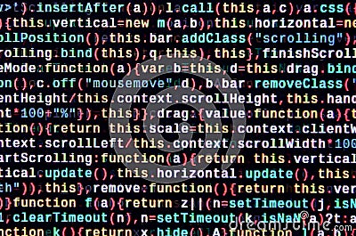 JavaScript code in text editor. Coding cyberspace concept. Screen of web developing code Stock Photo