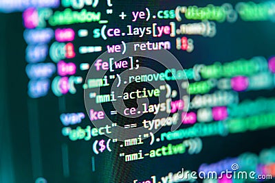 JavaScript code in text editor. PHP data source file. C Stock Photo