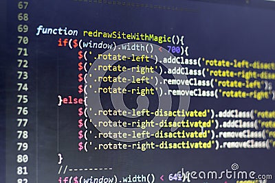 Javascript front-end code. Computer programming source code. Abstract screen of web developer. Editorial Stock Photo