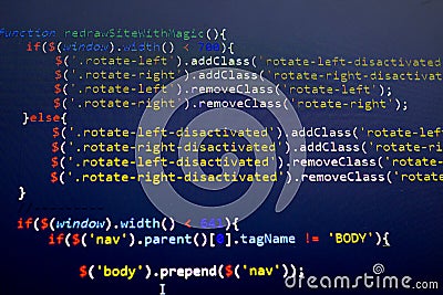 Javascript front-end code. Computer programming source code. Abstract screen of web developer. Editorial Stock Photo