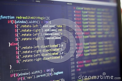 Javascript front-end code. Computer programming source code. Abstract screen of web developer. Editorial Stock Photo