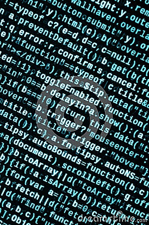 Javascript functions, variables, objects. Monitor closeup of function source code. IT specialist workplace Stock Photo