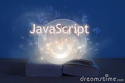 JavaScript inscription above open book. Light coming from open book with words javascript Editorial Stock Photo